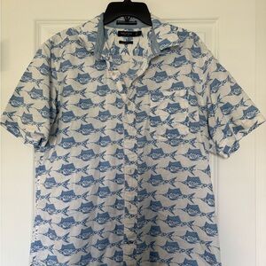 Nautica Men's Blue Fish Print Button Up Shirt